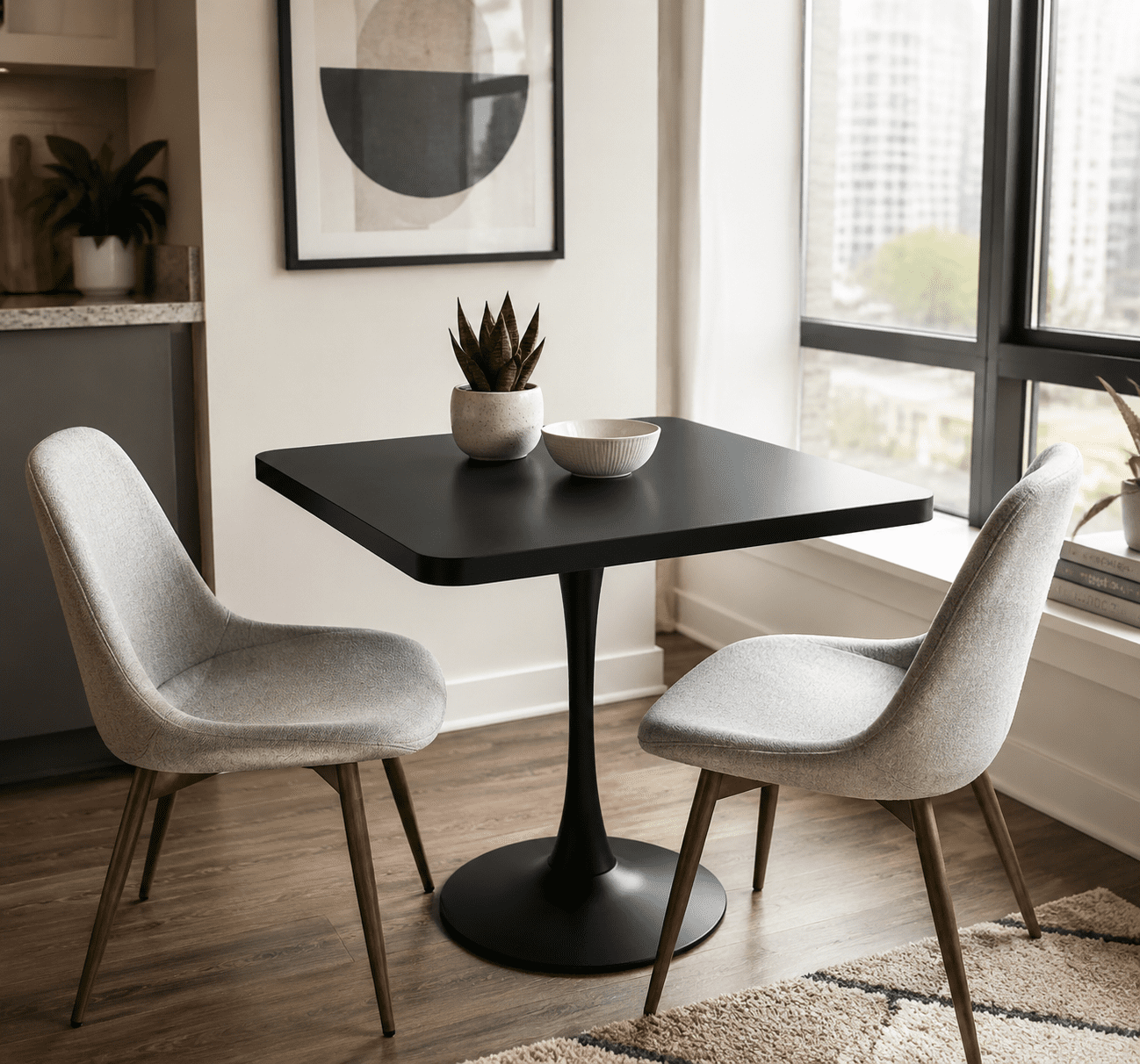 Square Tulip Dining Table, Mid Century Modern Single Metal Pedestal Bistro Table, Thickened Edge Easy Clean Tabletop, Space Saving Table for Kitchen Small Apartment Cafe
