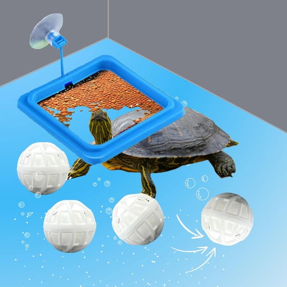 Square Turtle Feeding Ring with Suction Cup and Nitrifying Balls Set, Fish Food Holder and Aquatic Toys for Turtles Tortoise Goldfish Guppy Koi Puffer, Tank Accessories