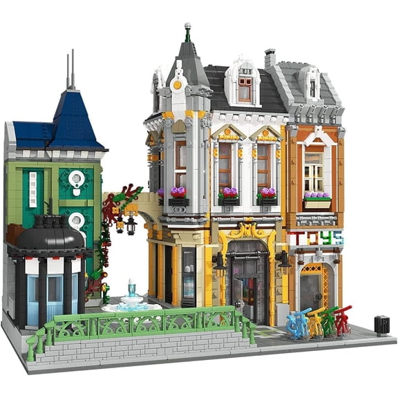 Square Two-Story Building Blocks Set Detailed European-Inspired Modular City Model Includes Accessories, Sidewalk Features, Interactive Areas & More!