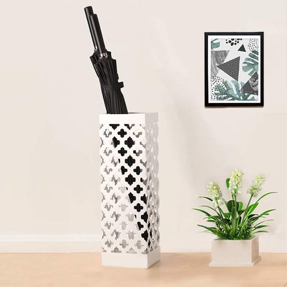 Square Umbrella Stand Rack Metal Umbrella Holder with Drip Tray For Home Office Decoration,White