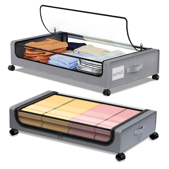 Square Under-Bed Storage Box with Wheels, Transparent Window, Ideal for Clothes, Blankets, Shoes, Toys, Gray, Set of Two