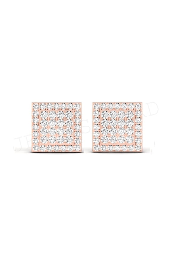 Square Unisex Stud Earrings White Round Diamond 14K Rose Gold Plating Over 925 Sterling Silver