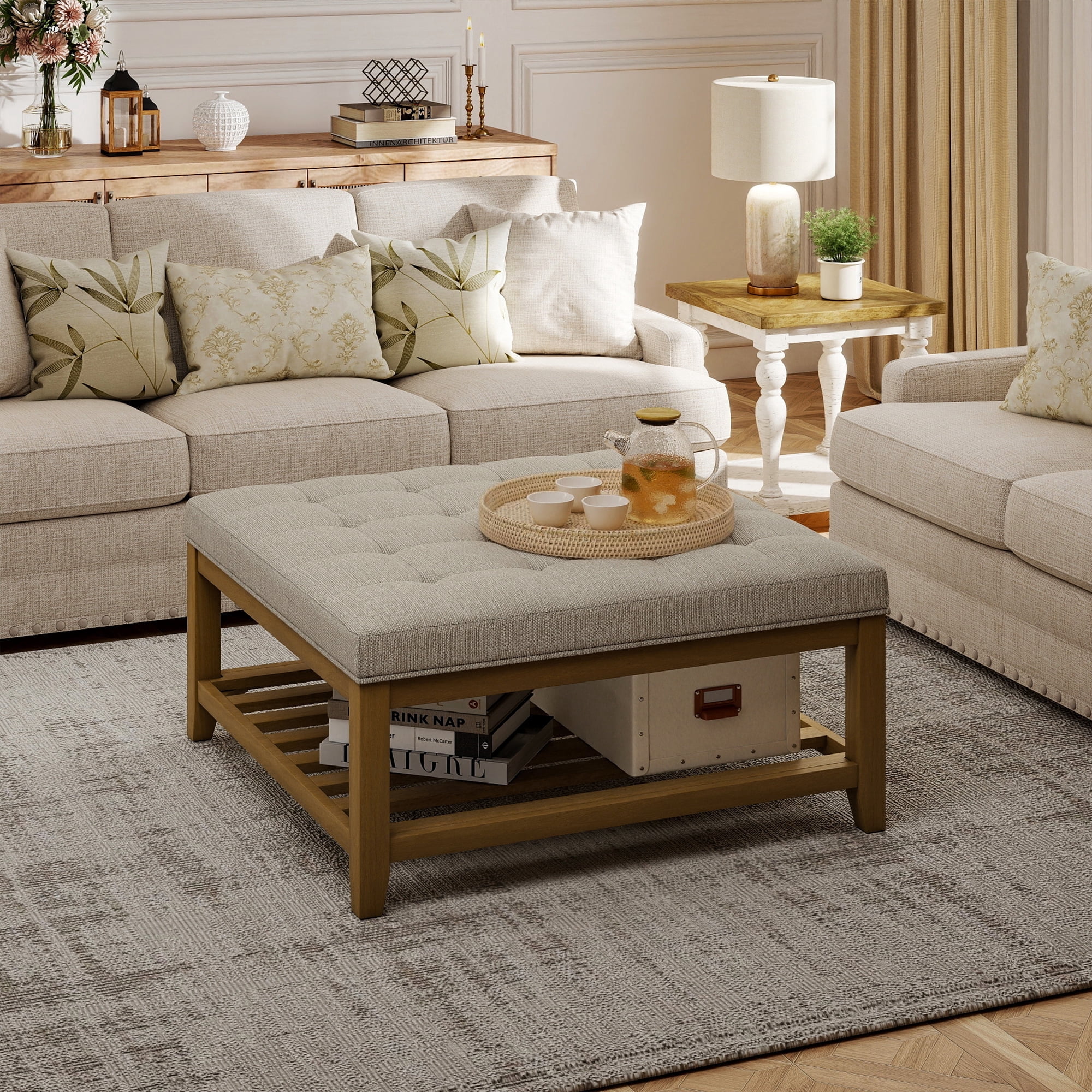 Square Upholstered Ottoman Coffee Table with Storage Shelf, Linen Fabric, Tufted Top, 31.9"x31.9", Beige