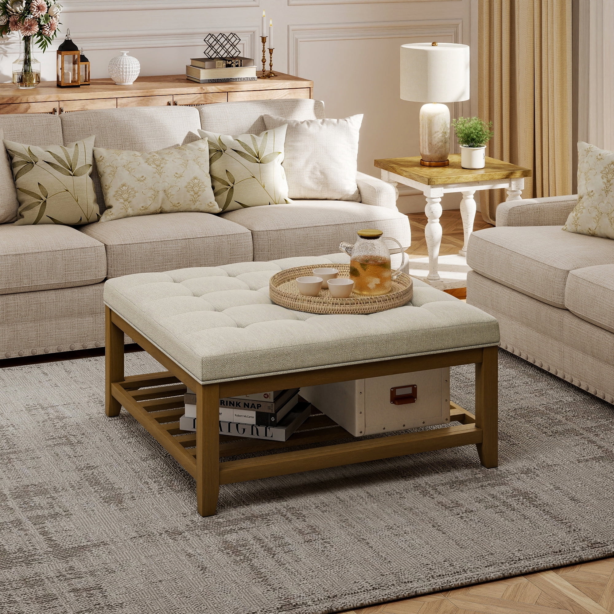 Square Upholstered Ottoman Coffee Table with Storage Shelf, Linen Fabric, Tufted Top, 31.9"x31.9", Ivory