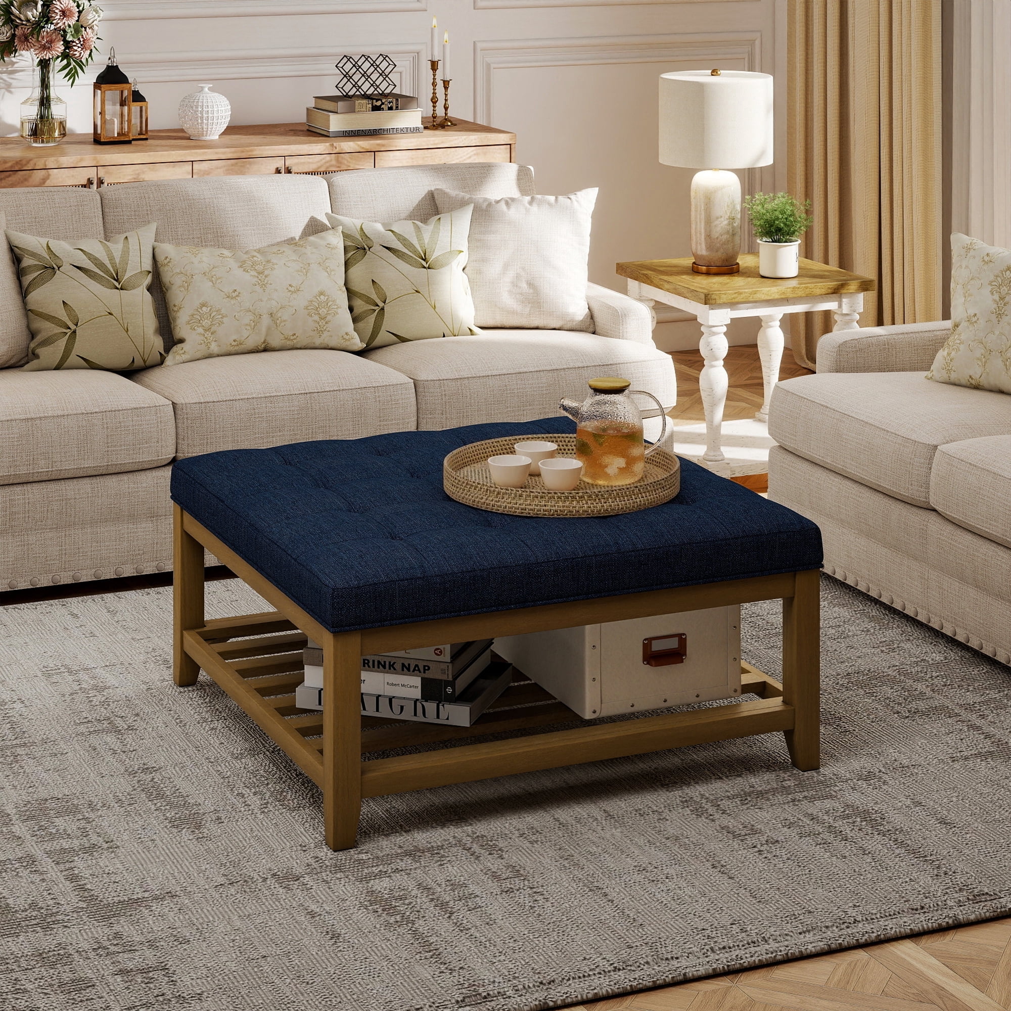 Square Upholstered Ottoman Coffee Table with Storage Shelf, Linen Fabric, Tufted Top, 31.9"x31.9", Navy Blue