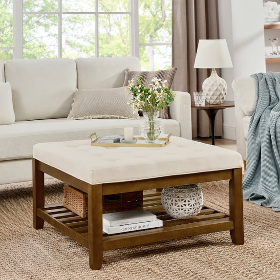 Square Upholstered Tufted Linen Ottoman Coffee Table with Open Storage, Large Oversized Footrest with Beech Wood Shelf and Frame for Living Room Office Bedroom, Ivory
