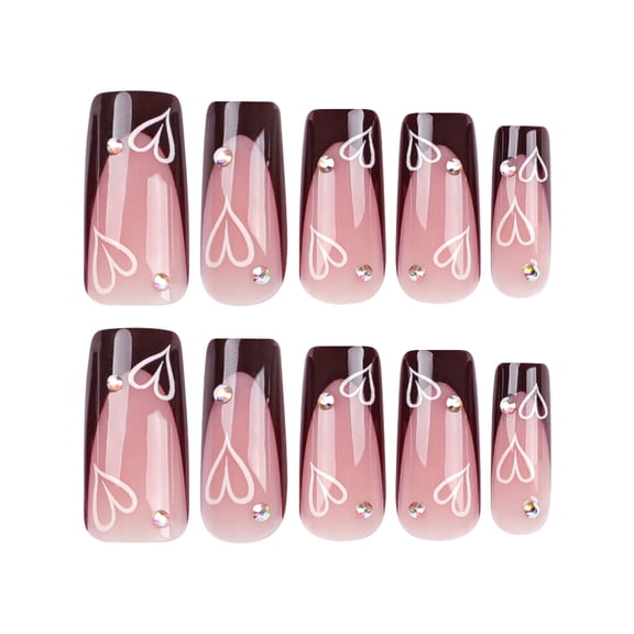 Square Valentines Brown French Tip Love Heart Designs Glossy Artificial Nails for Women and Girls 24pcs