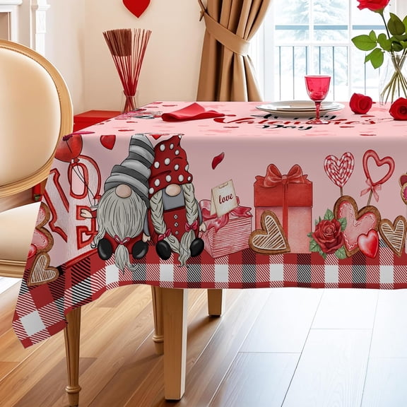 Square Valentines Tablecloth 54 Inch, Valentine''s Day Table Cloth Gnomes Truck Buffalo Plaid Cover for Party Home Dinner Decor