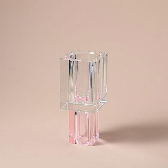 Square Vase Crystal Colored Base Large - Clear/Pink