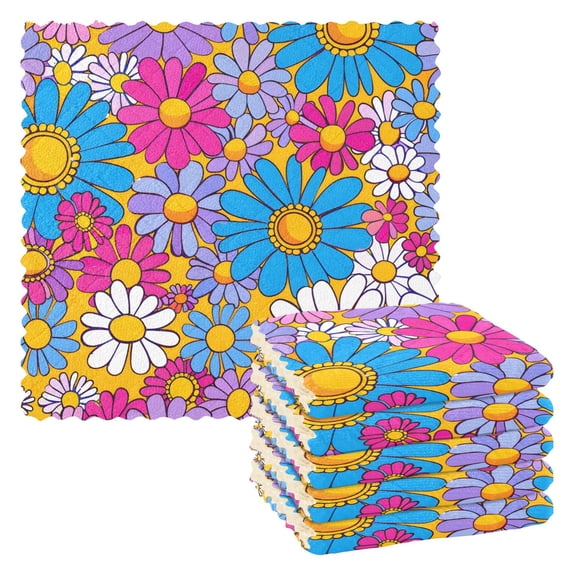 Square Vector - Flower Characters in Hippie Style Kitchen Cloth Dish Towels for Drying Washing Absorbent Dish Rags Reusable soft kitchen dishcloth set 6 Pack