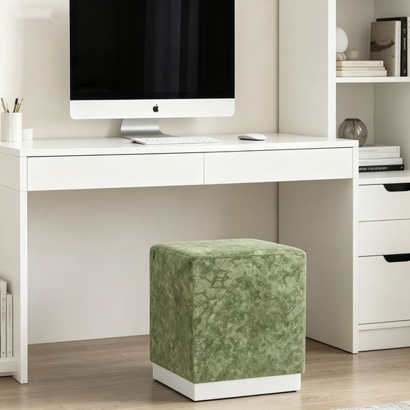 Square Velvet Ottoman, Upholstered Foot Rest Stool, Make-up Vanity Stool for Bedroom Living Room, Light Green