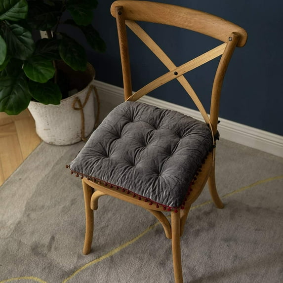 Square Velvet Soft Chair Pad with Ties Cute Gradient Pom Pom Indoor Dining Chairs Cushion 16" x 16"