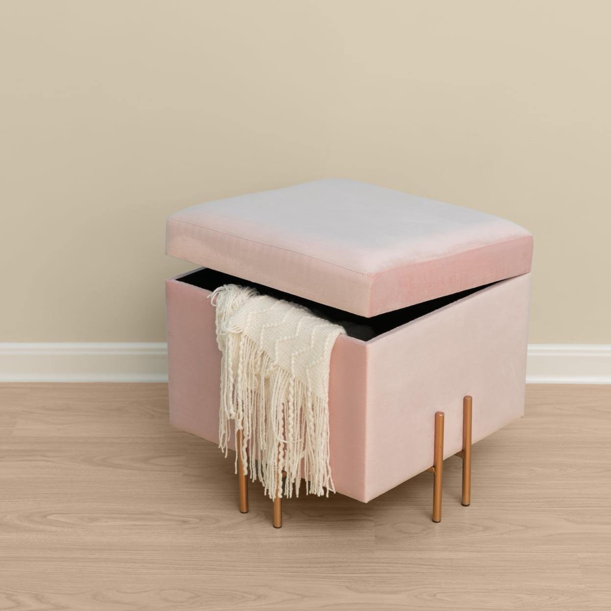 Ivory Velvet Storage Ottoman with Rose Gold Legs