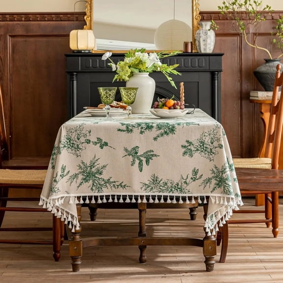 Square Vintage Cotton Linen Tablecloth with Stitching Tassels Washable Fabric Table Cover for Christmas Dining Kitchen Tea Party