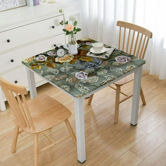 Square Vinyl Fitted Tablecloth with Flannel Backing Elastic Edge Design Table Cover Oil-Proof PVC Table Cloth Stain-Resistant Wipeable for Round Table