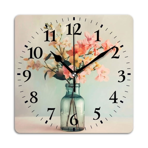 Square Wall Clock,Beautiful Arrangement Of Spring Flowers In Blue Glass Vase,Silent Non-Ticking Wall Clock Decor for Home Office Kitchen Living Room Bedroom(12inch)