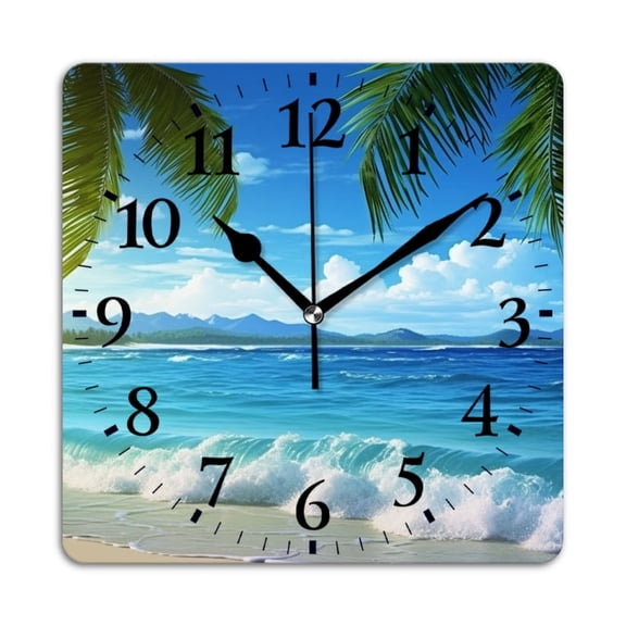 Square Wall Clock,Beautiful Beach With Palm Trees And Waves,Silent Non-Ticking Wall Clock Decor for Home Office Kitchen Living Room Bedroom(12inch)
