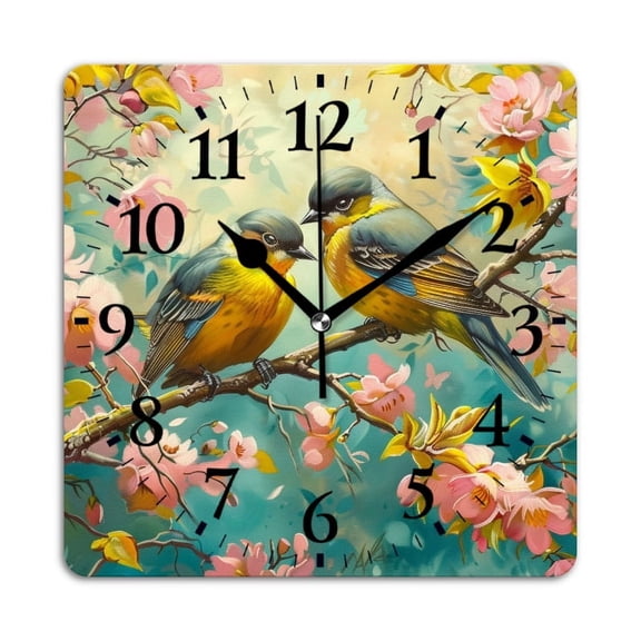 Square Wall Clock,Beautiful Birds Sitting On The Branches Of Blooming Cherry Blossoms,Silent Non-Ticking Wall Clock Decor for Home Office Kitchen Living Room Bedroom(10inch)