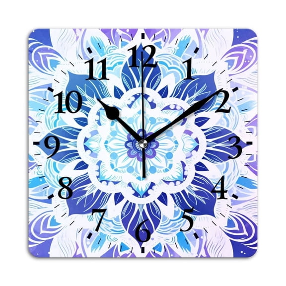 Square Wall Clock,Beautiful Hand-Drawn Mandala In White And Blue Colors,Silent Non-Ticking Wall Clock Decor for Home Office Kitchen Living Room Bedroom(10inch)