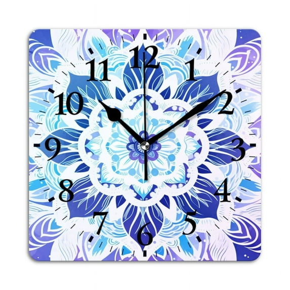 Square Wall Clock,Beautiful Hand-Drawn Mandala In White And Blue Colors,Silent Non-Ticking Wall Clock Decor for Home Office Kitchen Living Room Bedroom(12inch)