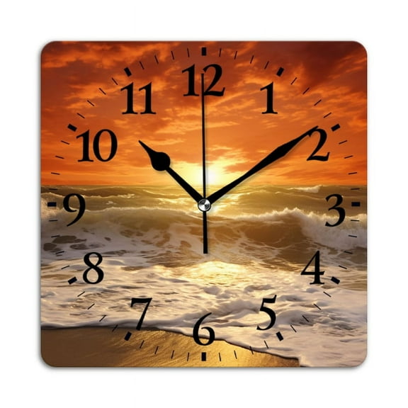 Square Wall Clock,Beautiful Sunset Over The Ocean With Crashing Waves And Golden Sand,Silent Non-Ticking Wall Clock Decor for Home Office Kitchen Living Room Bedroom(12inch)