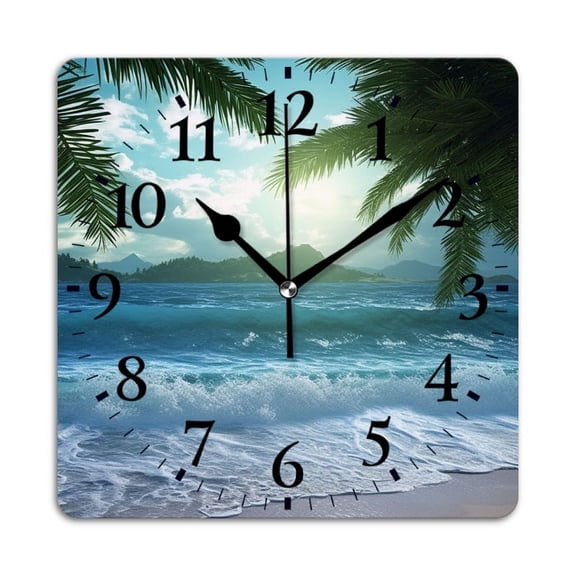 Square Wall Clock,Beautiful Tropical Beach With Palm Trees And Blue Waves,Silent Non-Ticking Wall Clock Decor for Home Office Kitchen Living Room Bedroom(10inch)