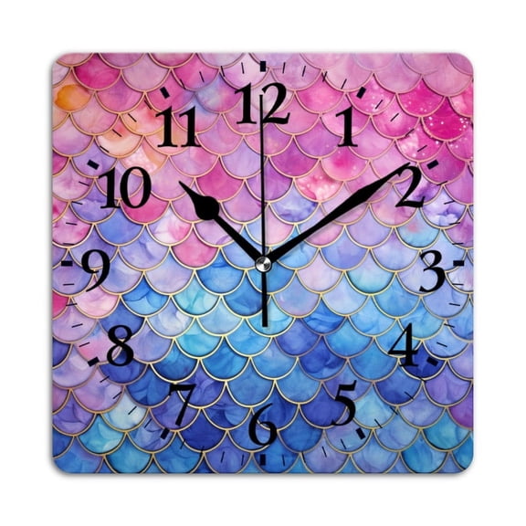 Square Wall Clock,Beautiful Watercolor Mermaid Scales Pattern,Silent Non-Ticking Wall Clock Decor for Home Office Kitchen Living Room Bedroom(12inch)