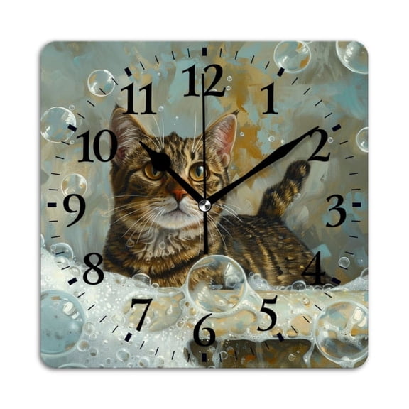 Square Wall Clock,Cat In The Bathtub And Bubbles Floating ASquare,Silent Non-Ticking Wall Clock Decor for Home Office Kitchen Living Room Bedroom(10inch)