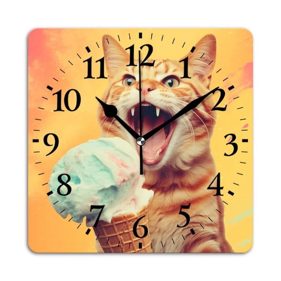 Square Wall Clock,Cat With Ice Cream Cone In Mouth,Silent Non-Ticking Wall Clock Decor for Home Office Kitchen Living Room Bedroom(10inch)