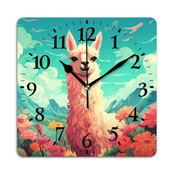 Square Wall Clock,Cheerful Llama Stands Amidst Colorful Flowers And Mountains,Silent Non-Ticking Wall Clock Decor for Home Office Kitchen Living Room Bedroom(10inch)