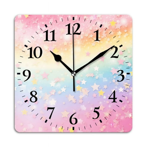 Non-Ticking Silent Wall Clocks Battery Operated Personalized Decor Clock for Living Room,Bedroom-Colorful Pastel Rainbow Stars Background And Soft Dreamy Blurry Style(10inch)