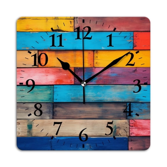 Square Wall Clock,Colorful Wood Wall BackgSquare With Wooden Slats,Silent Non-Ticking Wall Clock Decor for Home Office Kitchen Living Room Bedroom(10inch)
