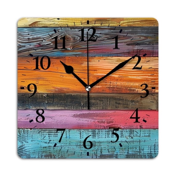 Square Wall Clock,Colorful Wooden Wall With Different Textures And Colors (2),Silent Non-Ticking Wall Clock Decor for Home Office Kitchen Living Room Bedroom(10inch)