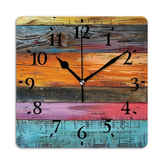 Square Wall Clock,Colorful Wooden Wall With Different Textures And Colors (2),Silent Non-Ticking Wall Clock Decor for Home Office Kitchen Living Room Bedroom(14inch)