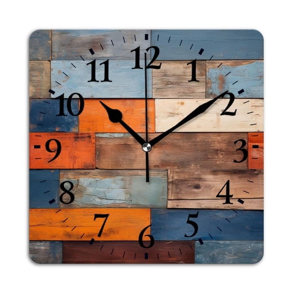Square Wall Clock,Colorful Wooden Wall With Horizontal And Vertical Planks,Silent Non-Ticking Wall Clock Decor for Home Office Kitchen Living Room Bedroom(10inch)
