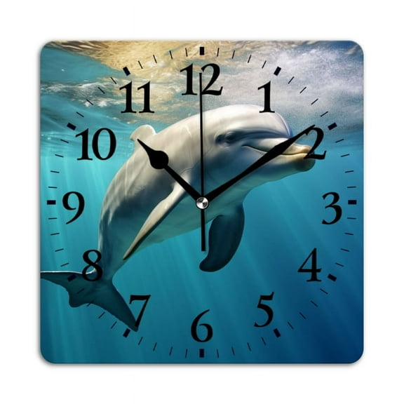 Square Wall Clock,Cute Dolphin Swimming In The Clear Blue Sea,Silent Non-Ticking Wall Clock Decor for Home Office Kitchen Living Room Bedroom(12inch)