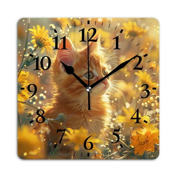 Square Wall Clock,Cute Ginger Kitten In The Midst Of Yellow Flowers,Silent Non-Ticking Wall Clock Decor for Home Office Kitchen Living Room Bedroom(10inch)