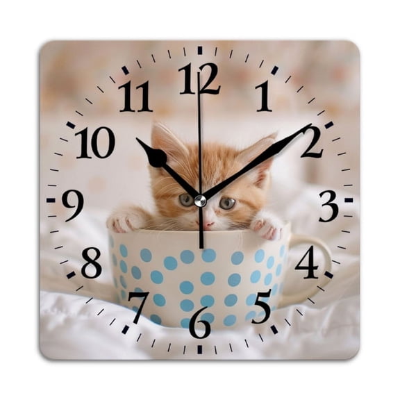 Square Wall Clock,Cute Kitten Sitting In Coffee Cup,Silent Non-Ticking Wall Clock Decor for Home Office Kitchen Living Room Bedroom(12inch)