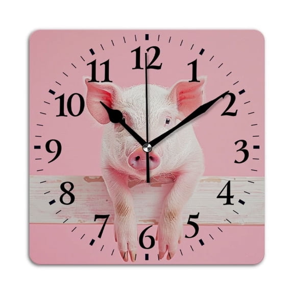 Square Wall Clock,Cute Piglet Sitting On The Edge Of White Wooden Planks,Silent Non-Ticking Wall Clock Decor for Home Office Kitchen Living Room Bedroom(14inch)