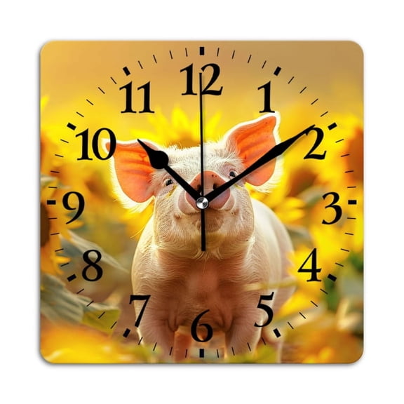 Square Wall Clock,Cute Piglet Standing In Sunflower Field,Silent Non-Ticking Wall Clock Decor for Home Office Kitchen Living Room Bedroom(10inch)