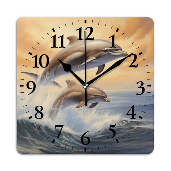 Square Wall Clock,Dolphins Jumping Out Of The Water,Silent Non-Ticking Wall Clock Decor for Home Office Kitchen Living Room Bedroom(10inch)