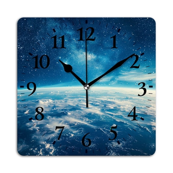 Square Wall Clock,Earth From Space Blue Sky With Stars And Clouds,Silent Non-Ticking Wall Clock Decor for Home Office Kitchen Living Room Bedroom(14inch)
