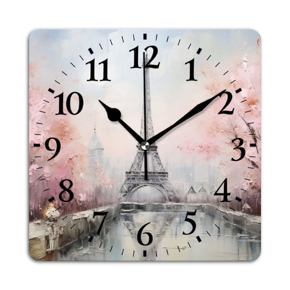 Square Wall Clock,Eiffel Tower SurSquareed By Blooming Cherry Blossom Trees,Silent Non-Ticking Wall Clock Decor for Home Office Kitchen Living Room Bedroom(10inch)