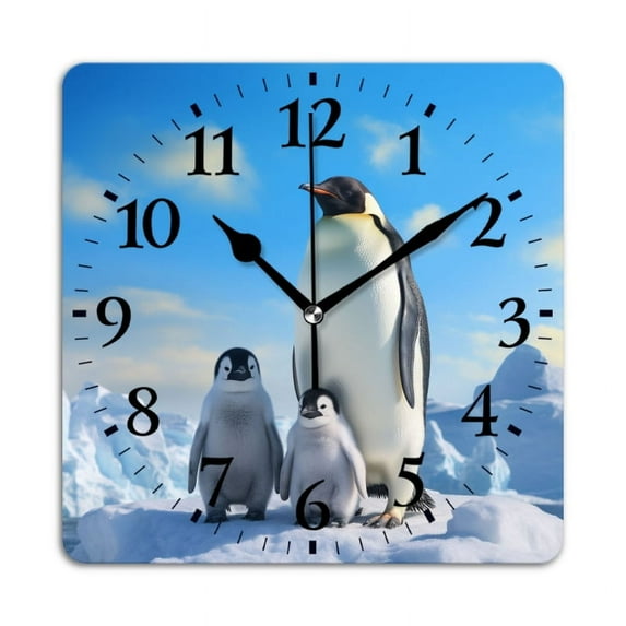Square Wall Clock,Family Of Penguins Standing On Ice Floe,Silent Non-Ticking Wall Clock Decor for Home Office Kitchen Living Room Bedroom(12inch)