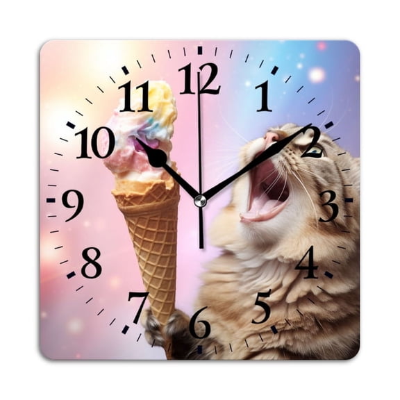 Square Wall Clock,Funny Cat Eating Ice Cream,Silent Non-Ticking Wall Clock Decor for Home Office Kitchen Living Room Bedroom(14inch)