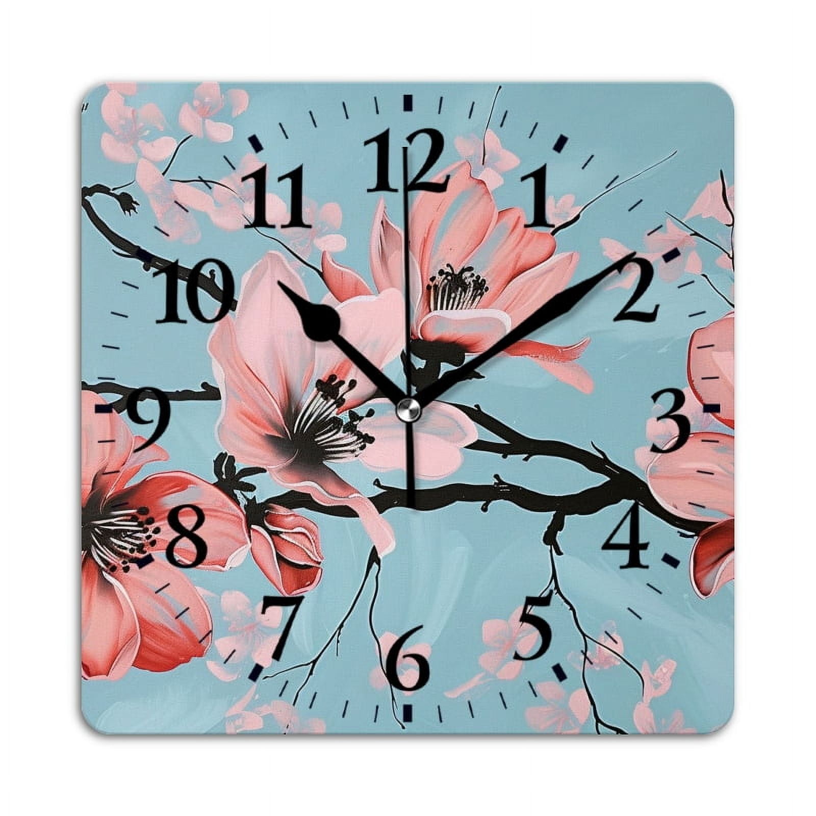 Pink Clock Square Square Wall Clock,Hand-Painted Pink Magnolia Flowers On Light Blue ...