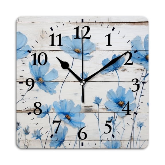 Square Wall Clock,Handpainted Blue Cosmos Flowers On White Wood Panel Wall,Silent Non-Ticking Wall Clock Decor for Home Office Kitchen Living Room Bedroom(10inch)