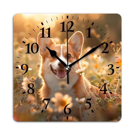 Square Wall Clock,Happy Corgi Dog In Field With Flowers,Silent Non-Ticking Wall Clock Decor for Home Office Kitchen Living Room Bedroom(10inch)