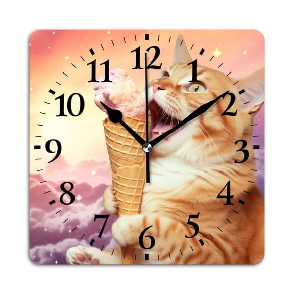 Square Wall Clock,Happy Orange Cat Eating Ice Cream In The Sky,Silent Non-Ticking Wall Clock Decor for Home Office Kitchen Living Room Bedroom(10inch)