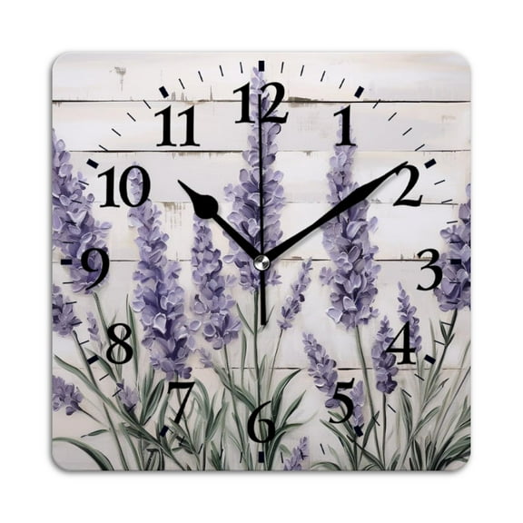 Square Wall Clock,Lavender Flowers On White Shiplap Wood Wall BackgSquare,Silent Non-Ticking Wall Clock Decor for Home Office Kitchen Living Room Bedroom(14inch)
